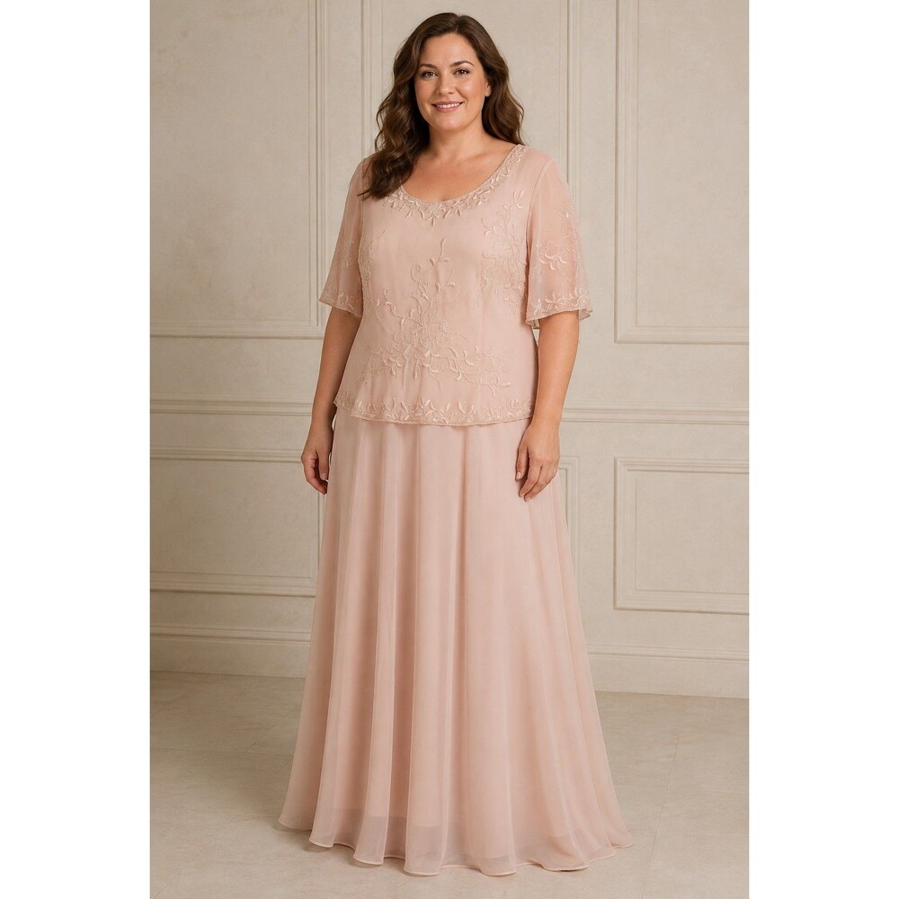 Women’s Beige Beaded Chiffon Two-Piece Maxi Dress Formal Evening Gown